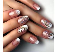 24pcs Stylish Flower Print Press On Nails Full Covers Stick On Nails French Artificial Manicure For Fashion Women False Nail For Women