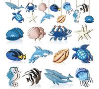 24Pcs Summer Hawaiian Wood Hanging Ornament Decorations, Summer Beach Wooden Pendant, Summer Sea Hanging Wood Slices for Seaside Beach Cafe Shop Office Decoration Luau Party Supplies (Sea)
