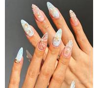 24PCS Summer Ocean Beach Press-On Nails with 3D Blue White Starfish Floral Pearl Charms - Medium Almond Short Nail Tips Ready-To-Wear Decorative Seaside Art Set Includes Accessory Tools