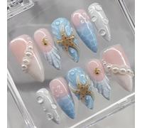 24PCS Summer Ocean Press On Nails - Medium Almond False Nails with 3D Starfish Pearl Waves Pink Blue French Tip Design - Beach Style Durable ABS Nail Art Set with Accessory Tools