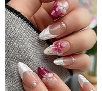 24PCS Summer Press On Nails Almond Shape - Short French Tip Nails with 5D Red Flower Design - Handmade Reusable False Kit for Women Easy Application for Daily or Party Wear