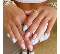 24Pcs Summer Press On Nails, Blue & Baby Pink Striped Polka Dot Short Oval Fake Nails, Glossy French Acrylic Press On Nails summer Full Cover Acrylic Stick on Nails for Women