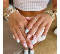 24Pcs Summer Press On Nails, Striped Polka Dot Short Oval Nails