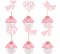 24PCS Superhero Cupcake Toppers Pink Superhero Birthday Cake Topper Picks for Celebrating Hero Theme Baby Shower Kids Birthday Party Cake Decorations Supplies