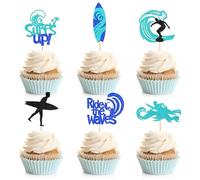24PCS Surfing Cupcake Toppers Surfboard Ride the Waves Surfs Up Cake Toppers Decoration for Summer Beach Theme Birthday Party Baby Shower Supplies Blue