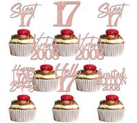 24Pcs Sweet 17 Cupcake Topper - Cheer 17 Years Old Party Decoration - Happy 17th Birthday Cake Decoration Rose Gold Glitter