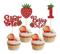 24Pcs Sweet One Cupcake Toppers Glitter First Birthday Strawberry Cupcake Picks for Fruit Baby Shower 1st Birthday Berry Sweet Cupcake Decorations Party Supplies Red