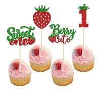 24Pcs Sweet One Cupcake Toppers Glitter First Birthday Strawberry Cupcake Picks for Fruit Baby Shower 1st Birthday Berry Sweet Cupcake Decorations Party Supplies Green