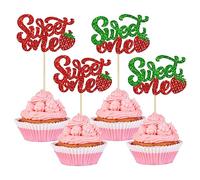 24Pcs Sweet One Cupcake Toppers Glitter Strawberry Cupcake Picks for Baby Shower Boys and Girls 1st Birthday Party Fruit Strawberry Theme Party Cake Decorations Supplies