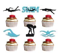 24Pcs Swimming Cupcake Topper Summer Sport Party Decoration Swimming Birthday Bachelorette Cake Decoration Black Light Blue Glitter