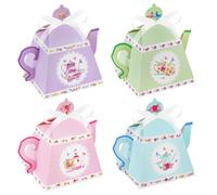 24PCS Teapot Party Gift Box with Ribbon, SHAIDOJIO Vintage Candy Box Favour Boxes with Floral Designs, Paper Sweet Box, Afternoon Tea Party Decorations for Wedding Birthday Baby Shower Bridal-4 Color