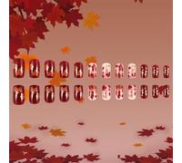 24pcs Thanksgiving Press On Nails With Autumn Maple Leaves Pattern Short Square Artificial False Nails For Women Elegant Nail