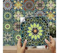 24pcs Tile Stickers 15cm Stick on Tiles Vintage Green Moroccan Style Tile Stickers for Kitchen Bathroom Living Room Fireplace Stairs Waterproof Oil Proof Stickers for Tile Peel and Stick Tile Decals