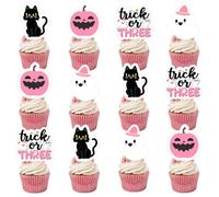 24Pcs Trick or Three Cupcake Toppers Pink Halloween 3rd Birthday Party Decorations Boo Ghost Pumpkin Cats Cake Decor Double-Sided Printing for Girls Third Booday Party Decor Supplies