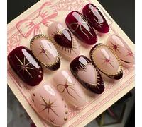 24PCS Twinkle Star Press On Nails - Burgundy and Nude Almond Shape with Heart and Bow - Medium French Tip False Nails with Accessory Tools, ABS Material, Reusable and Salon Quality