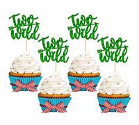 24Pcs Two Wild Cupcake Toppers Green Glitter Baby Girl Boy Second Birthday Cupcake Picks Baby Shower Kids Birthday Cake Decorations for 2nd Birthday Anniversary Boho Theme Party Supplies