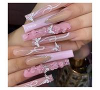 24Pcs Ultra Long Coffin Press On Nails French Gradient Flower Pattern Butterfly Dot Diamond Glossy Fake Nails Manicure Decorations(Y1)