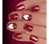 24Pcs Valentine Presses on Nails Short Square Glitters False Nails with Heart Flame Art ABS Matte French Tip Manicure Cute Heart Design Fake Nail
