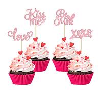 24Pcs Valentine's Day Cupcake Toppers Glitter Love Be Mine XOXO Kiss Me Cupcake Picks Happy Valentine's Day Theme Wedding Bridal Shower Birthday Party Cake Decorations Supplies Pink