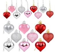 24Pcs Valentine's Day Heart Shaped Ornaments | Valentines Heart Decorations | Red Pink Silver Heart Shaped Baubles | Romantic Valentine's Day Hanging Decorations
