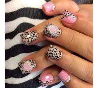 24pcs Valentine's Day Stick On Nail Rhinestone Press On Nail Leopard Heart Acrylic Nail Short Square Nail Tips