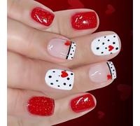 24PCS Valentines French Tip Nails Red Glitters Heart Design Short Square Fake Glossy Finish Red Glitters Heart Design Fake