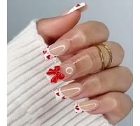 24Pcs Valentines French White Heart Bows Glossy Short False Nails for Romantics and Parties Valentines's Day French False Nail with Heart Bows