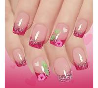 24Pcs Valentines Glitters Sparkling Heart French False Nails Short Square Presses on Nails Blushes Flame Design Easy Application Multiple Sizes Valentines French Glitters Heart Press on Nail