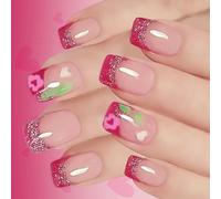 24Pcs Valentines Glitters Sparkling Heart French False Nails Short Square Presses on Nails Blushes Flame Design Easy Application Multiple Sizes Rosy Flame Short Square Fake Nail