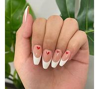 24PCS Valentines Medium False Nails with Glue Stickers,Coffin Full Cover Acrylic Press on Nails no Glue,White Love French Fake Nails Valentines Gifts for her Nail Art.