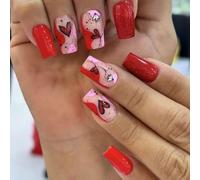 24pcs Valentines Nai Square Press On Nails Elegant Heart Designs Stick On Nails For Sweet And Romance Occasions Square False Nail