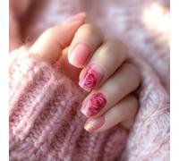 24Pcs Valentines Press on Nails Short Square Fake Nails Red Rose Flower False Nails Cute Floral Acrylic Glue on Nails Glitter Full Cover Nude Glossy Artificial Stick on Nail for Women Manicure Decor