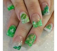 24Pcs Valentine's Press on Nails Short Square Heart Fake Nails Silver Glitter French Tip False Nails Artificial Nails Nude Full Cover Glue on Nails (St. Patrick's Day Fake Nails-2)