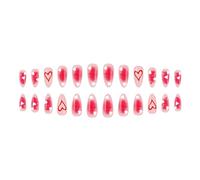 24PCS Valentines Presses on Nails Glossy Waterdrops Shape Mediums Length with Blushes Gradient Hearts Starry Rhinestones Cats Eyes Flame Nails