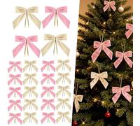 24PCS Velvet Bows for Christmas Tree, 3.75" Small Christmas Bows for Gift Wrapping Twist Tie Velvet Ribbon Bow for Wreath Crafts Party Wedding Treat Bag Home Decor (Pink+Light coffee)