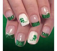 24Pcs Versatile Short Length False Nails French Light Green Fake Nails Glitters Design Suitable for Work and Event Nails