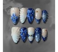 24Pcs Vintages Inspired Presses on Artificial Nails Blue Lilies Bubble Stripe Pearls Decoration ABS Easy Wear Easy Apply
