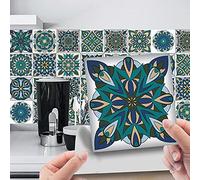 24pcs Wall Tile Stickers, Hiser Square Moroccan Victorian Retro Mosaic Style Waterproof Decals Sticker for Kitchen Living Room Bathroom Home Floor DIY Decor Self-Adhesive (turquoise,15x15cm)