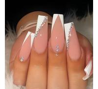 24PCS White French Press On Nails with Sparkling Rhinestones - Long Square Coffin Shape Handmade Reusable Stick On Fake Nails for Women Sculpted Full Cover Design Sleek Polished Finish