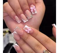 24pcs White French Tip Press on Nails Short Square Fake Nails Rhinestones Full Cover Tip Glitter Stick on Nails Pink Flower Designs Acrylic Glue on Nail Bow False Nails for Women DIY