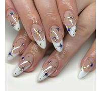 24pcs White French Tips False Nail Nail Almond Press Star Design Shiny Rhinestone Stick Manicure Fake