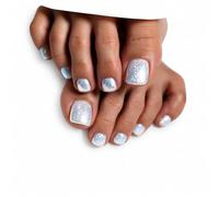 24Pcs White Glitter Press on Toe Nails - Short Square Pearl False Toenails, Full Cover Acrylic Stick on Toe Nails with Glue, Shimmer Fake Toenails Nail Art Set for Women and Girls