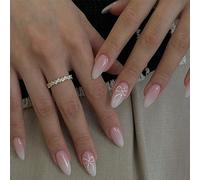 24PCS White Pink Gradient Press On Nails - Almond False Nails with Bow - Short French Tip Fake for Women DIY Art Kit for Trendy Elegant Manicures, Easy Stick On Application