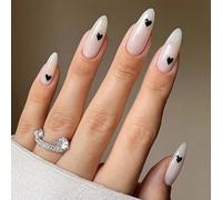 24pcs White Press On Nails Almond - Black Heart False Nails Medium Length - Acrylic White Fake Nails with Glue - Stick on Nails for Women Valentine's day
