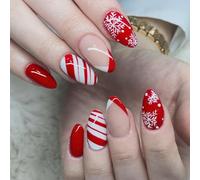24PCS White Stripe Candy Cane Fake Nails with Snowflake Design - Almond Shaped Red & White False Nails - Full Cover Acrylic with Jelly Adhesive Tape for Winter Holiday & Christmas Look