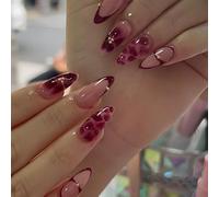 24Pcs Wine Marble Acrylic Press On Nails - Burgundy Almond Shape with Glossy Marble Design and Jelly Adhesive Tabs - Fake Nails for Women Long Lasting Full Cover Art Set