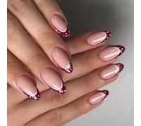 24Pcs Wine Red Almond Nails French Tip White Dots Bows Glossy False for Women Party Red French Tip Artificial