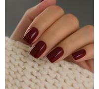 24Pcs Wine Red False Nails, Glossy Burgundy Press on Nails Short Square Shape, Fake Nails with Glue, Natural Burgundy Full Cover Acrylic Red Stick on Nails For Girl