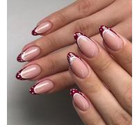 24Pcs Wine Red French Tip Artificial Nails with White Dots Bows Design Almond Shaped Fake Nails for Women French Tip Press on Nail