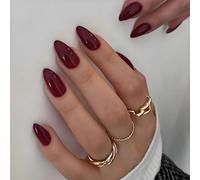 24PCS Wine Red French Tip Press on Nails, Glossy Full Cover Fake Nails with Jelly Adhesive Tabs & File, Medium Almond Shape, Reusable Stick-on for Women, Pure Burgundy Color